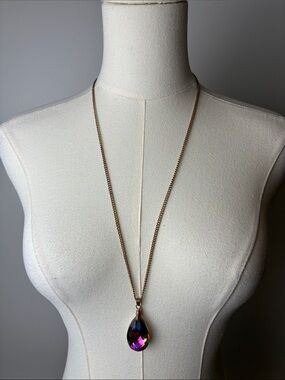 Brass-Tone Necklace with Multicolor Teardrop Pendant